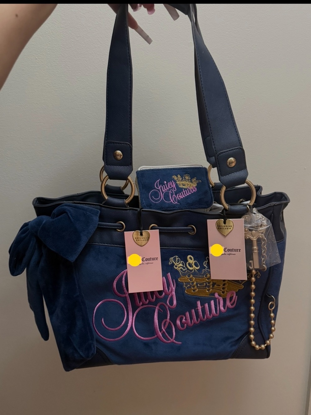 Juicy Couture daydreamer Navy Blue Velour Logo Tote Bag wallet set